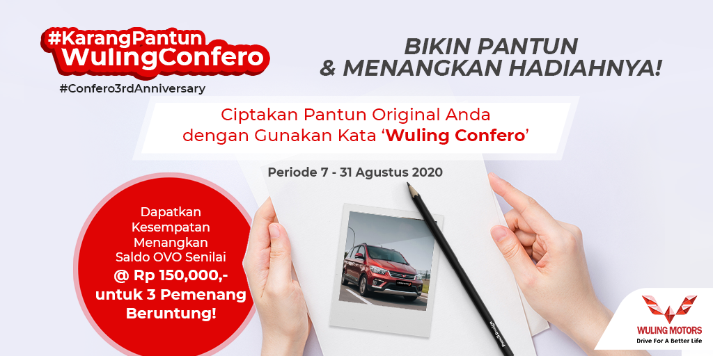 WulingMotorsID's tweet photo. [Quiz Alert #Confero3rdAnniversary]

Ayo ikutan quiz #KarangPantunWulingConfero dalam rangka ultah #WulingMotors Confero series. Menangkan saldo OVO total senilai Rp450,000,- utk 3 pemenang beruntung!

Caranya cek gambar di bawah!

#DriveForABetterLife #ConferoS #ConferoSACT https://t.co/sdTtZHy7oP