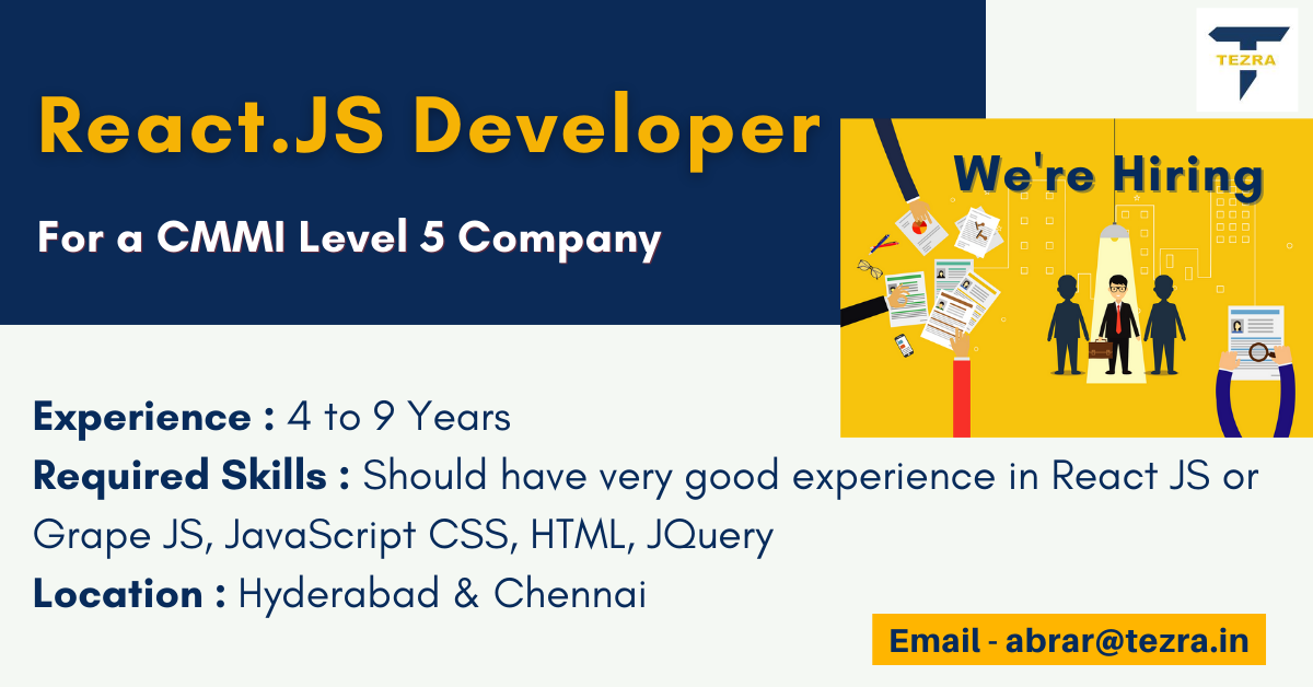 Tezrarecruiter's tweet photo. We're #hiring #reactjsdeveloper for a #CMMI Level 5 Company
Location-#Chennai & #Hyderabad
To Grab this opportunity, please apply to abrar@tezra.in
#ReactJS #GrapeJS #JavaScript #CSS #HTML #JQuery #chennaijobs #tweetmyjobs #jobposting #itjobs #hyderabadjobs #recruiting #devjobs https://t.co/SveKS1oVnM