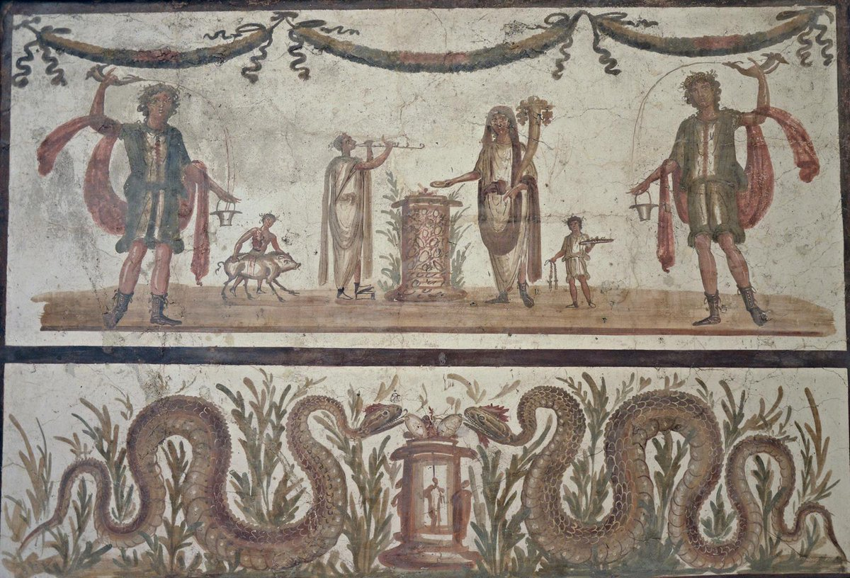 "In the Mediterranean world a snake living in the house embodies the soul of family’s first ancestor; for the Romans the serpent embodied the paterfamilias. Murals at Pompeii show vipers protectively surrounding an altar as symbols of the genius loci, tutelar deity of the place."