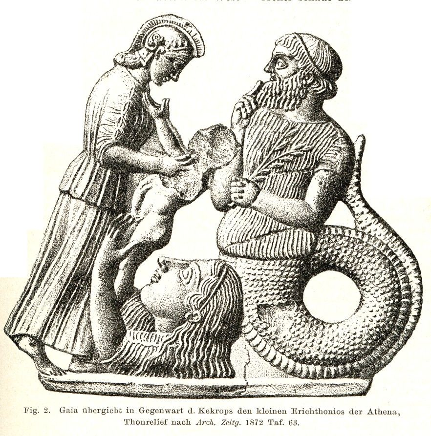 "In Greece, ancestors such as Kekrops and Erechtheus, who had been transformed into heroes, were venerated in the form of serpents. A serpent and a vessel on ancient Greek tombstones depicts a libation to the dead."