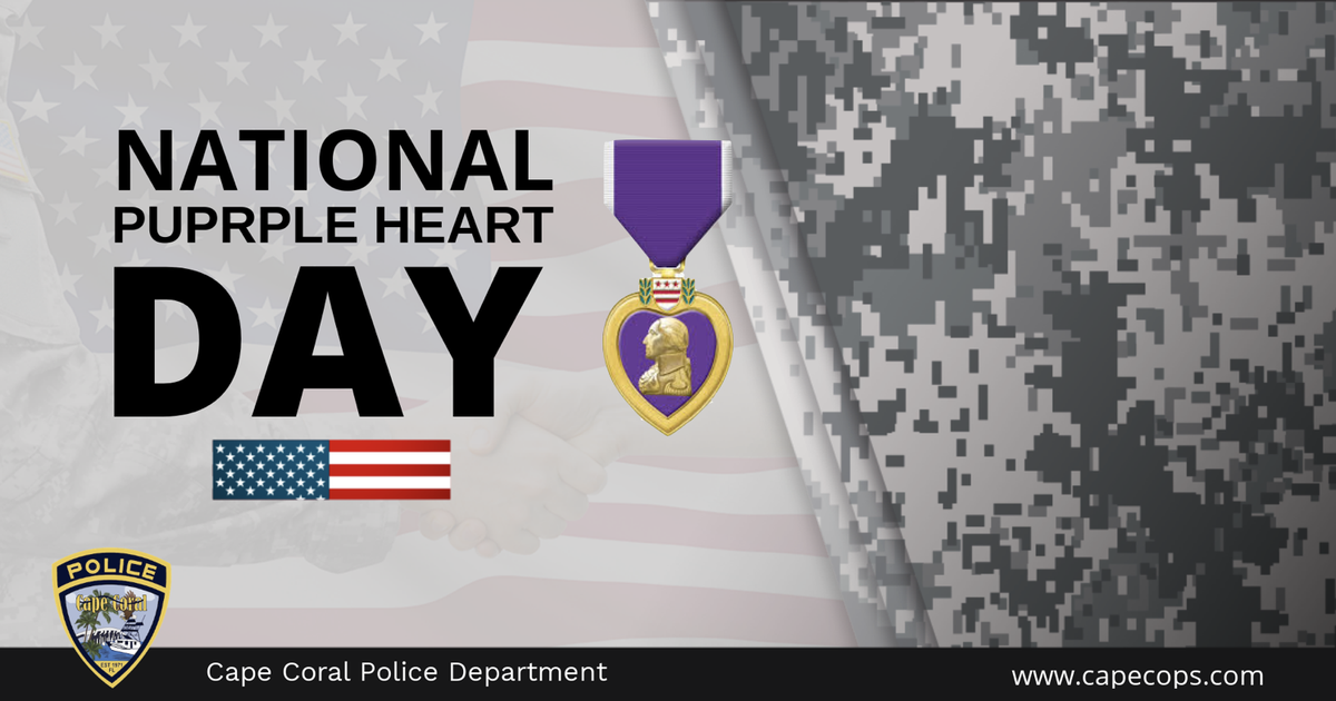 CapePD's tweet photo. Purple Heart Day is observed on August 7 each year and is a time for Americans to pause to remember and honor the brave men and women who were either wounded on the battlefield or paid the ultimate sacrifice with their lives. https://t.co/Sv7rcyJQj2