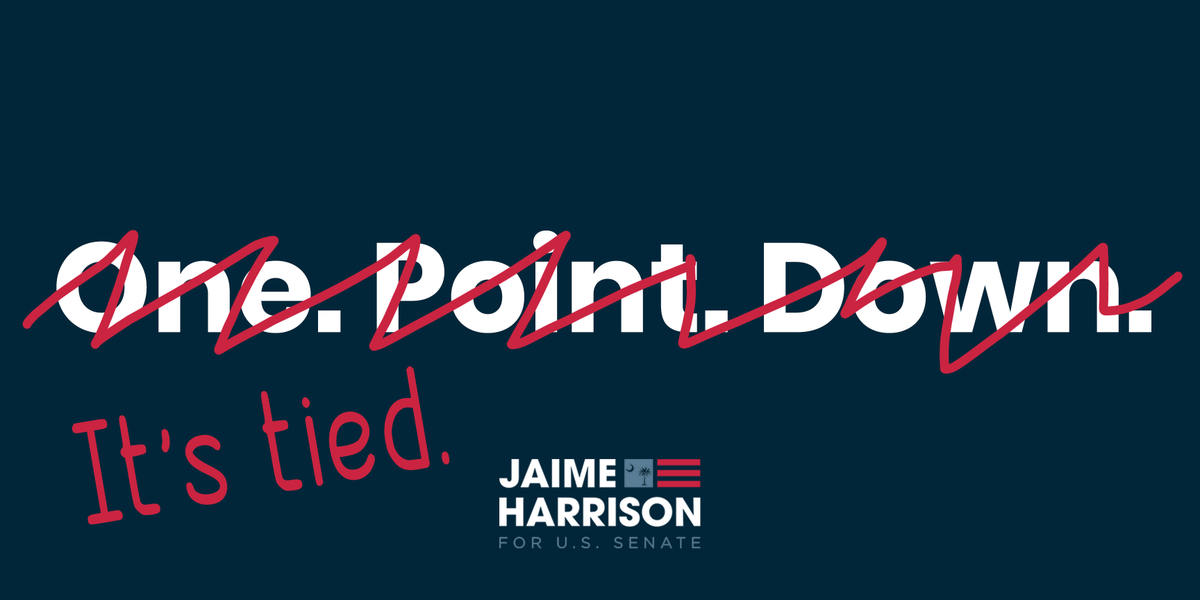 harrisonjaime's tweet photo. Things are moving fast folks, had to make a quick change 🤷🏾‍♂️

ICYMI: @QuinnipiacPoll has us TIED with @LindseyGrahamSC. South Carolina is ready for change, and we're going to deliver that on Nov. 3rd. https://t.co/kKzZy7kcyO