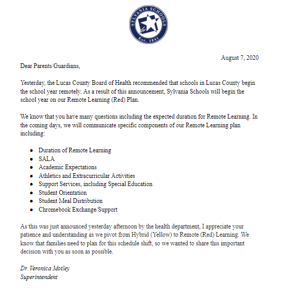 SylvaniaSchools's tweet photo. Yesterday, the @ToledoLucasHD recommended that schools in Lucas County begin the school year remotely. As a result of this announcement, Sylvania Schools will begin the school year on our Remote Learning (Red) Plan. https://t.co/INUI1lrKtl