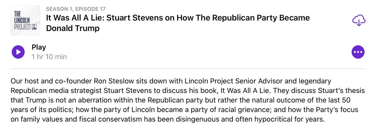 Find The Lincoln Project podcast via your favorite podcast App (there is no direct link). Every episode is outstanding! You’ll find the  @stuartpstevens convo in Ep. 17.