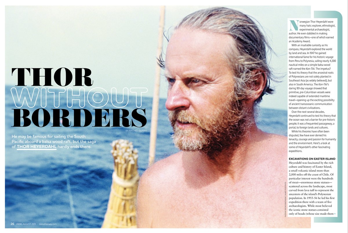SonsofNorway's tweet photo. On this day in 1947, Thor Heyerdahl’s Kon-Tiki raft made landfall on the Tuamotu Archipelago near Tahiti. Read more about Heyerdahl’s life in our August 2019 issue of #VikingMagazine, available online for members: https://t.co/GqwBlnzaVR https://t.co/ciiMNyU60t