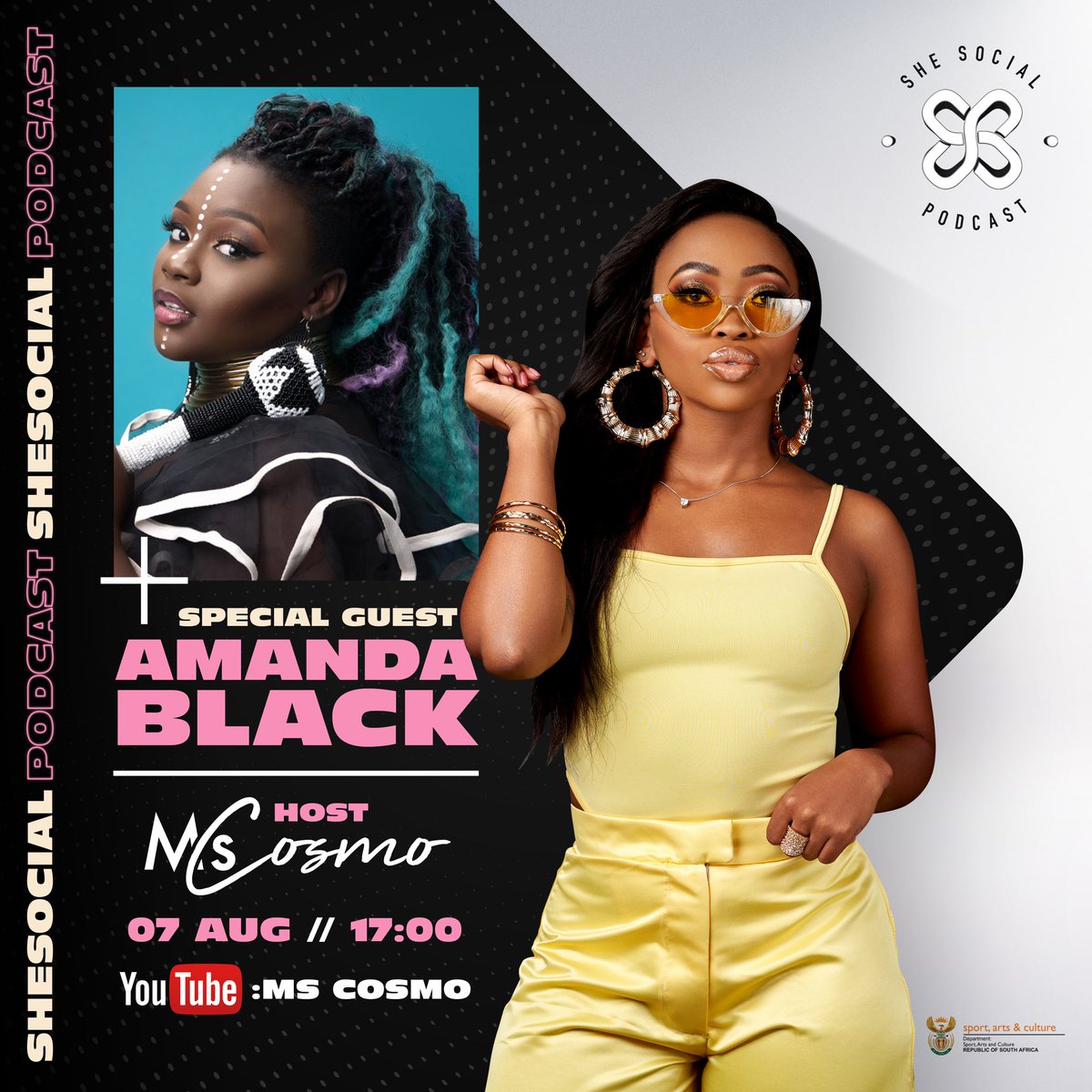SHESocial_SA's tweet photo. Another week, another fresh episode of the #SHESocialPodcast 💃🏽 Today @MsCosmoSA chats to the strong and fierce @MsSupa and the talented songbird @AmandaBlackSA 😆 Tune in at 17:00 on her YouTube page 🙏🏽 https://t.co/vmP5catiJz 💫 https://t.co/iBwg5ojIph