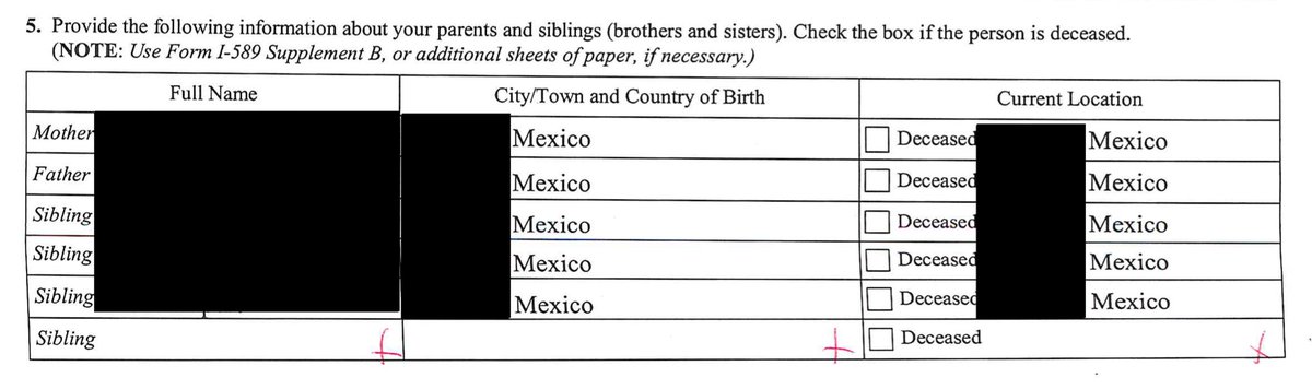 A redacted asylum application rejected b/c some inapplicable fields were left blank. Immigrant filled in names of his 3 siblings, but form has fields for 4 siblings. USCIS said form was incomplete because “N/A” was not entered in each box of the row for nonexistent 4th sibling