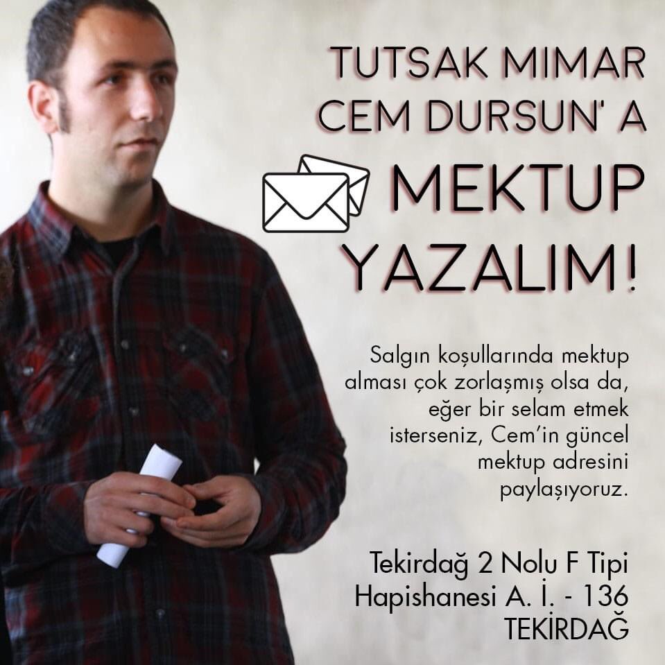 mimarmeclisi's tweet photo. Cem'in bir sonraki duruşması 24 Eylül'de. O zamana kadar Cem'e mektupla, kartla bir merhaba desek bile çok moral olacaktır. Adres: Tekirdağ 2 Nolu F Tipi Hapishanesi A.İ.-136 Tekirdağ https://t.co/dfDN4XRsRK