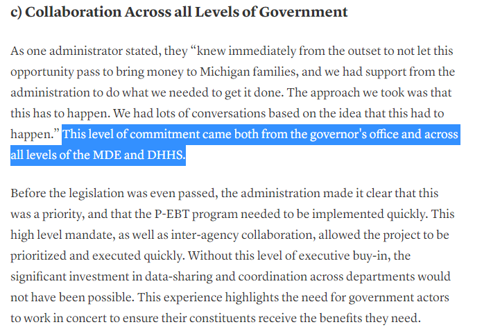 Michigan took an "all hands on deck" approach to get money to hungry families.P-EBT was not a government priority in MN as evidenced by its late application, clunky certification plan, and an overly-optimistic and arbitrary application deadline that ended up being extended.
