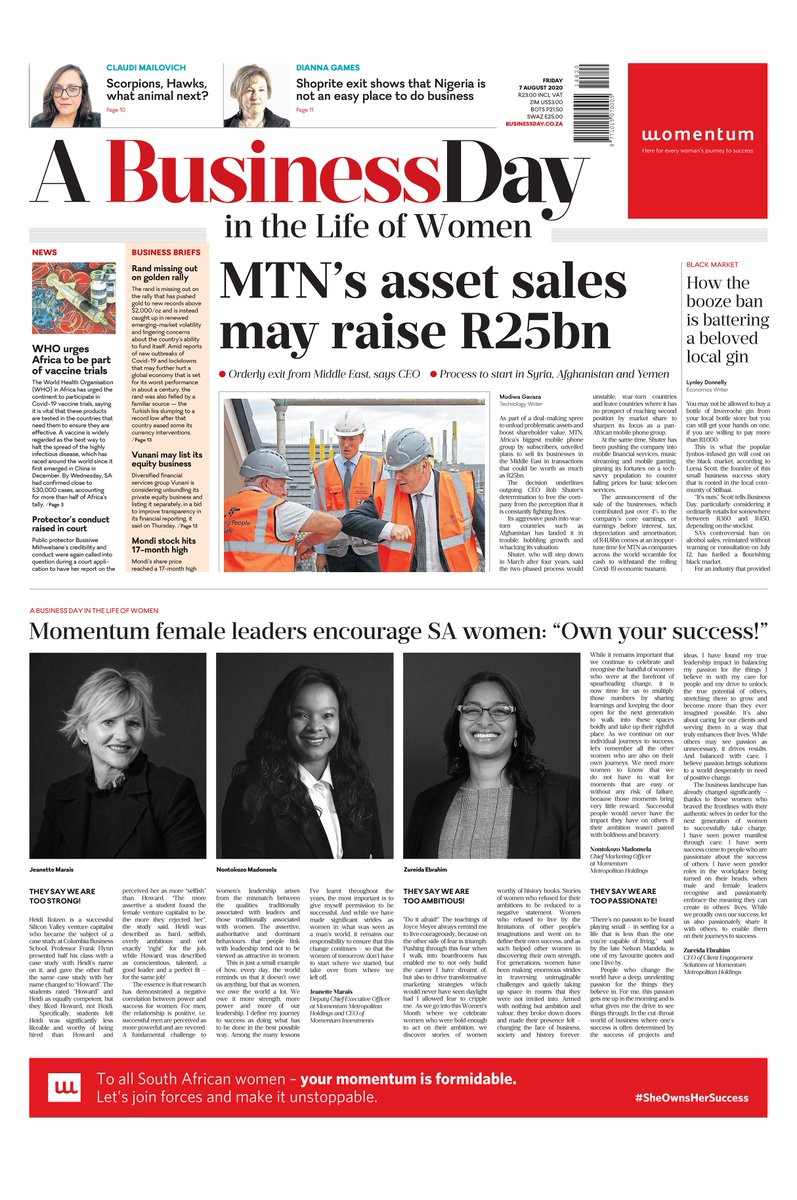 Momentum_za's tweet photo. Grab today’s @BDLive to connect with the formidable force of @MomMet leaders @JeanetteMarais, Zureida Ebrahim &amp; 
@NontokozoM88. They’re intentional about enabling the success of our 60% women workforce. Don’t miss the chance to see how they embody #SheOwnsHerSuccess https://t.co/MhizqtZX7F