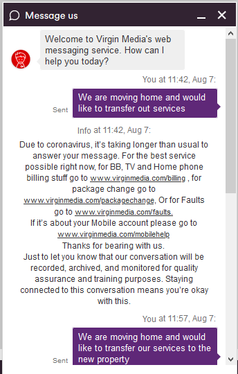 EnigmaFitz's tweet photo. @virginmedia - I am trying to contact you and your chat box says hold on as it will take longer because of Covid.

I have now been waiting for 4 hours... any ideas how long it currently takes? https://t.co/3WyH1FS8b0