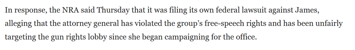 As you may know, the NRA has filed a countersuit claiming that the New York AG is violating their First Amendment rights and has targeted them for political reasons.