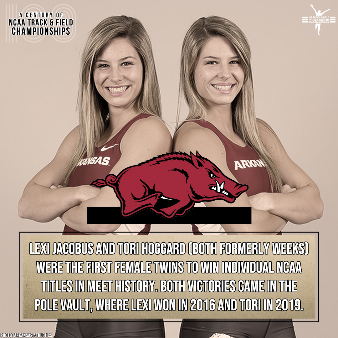 USTFCCCA's tweet image. 𝐒𝐄𝐄𝐈𝐍𝐆 𝐃𝐎𝐔𝐁𝐋𝐄

Twins Lexi Jacobus &amp;amp; Tori Hoggard (both formerly Weeks) both won PV 🏆 at the @NCAATrackField Outdoor Championships while competing for @RazorbackTF!

Lexi in 2016; Tori in 2019!

#NCAATF x #TheCentury

👇 LEARN MORE 👇

📄 bit.ly/3hS3C3v