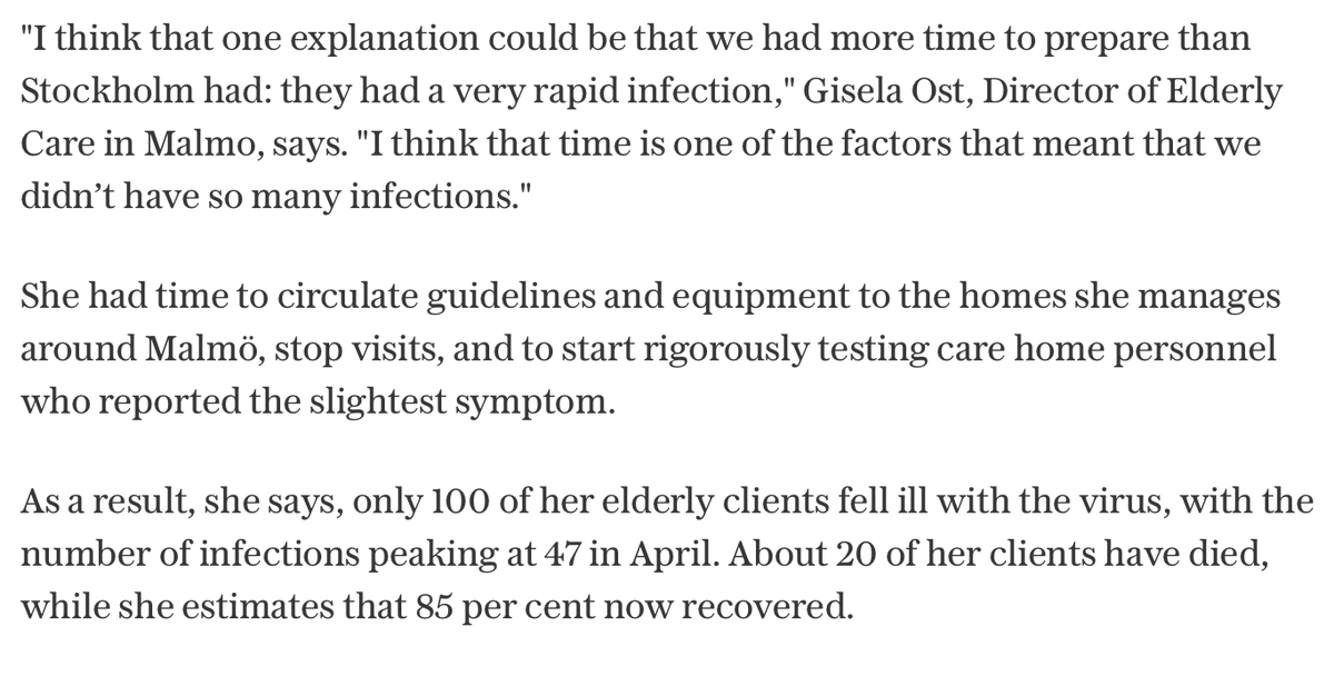 5/6 It seems that the reason that Malmö has lower mortality than other parts of Sweden is that they succeeded in protecting the elderly in care homes--as in Denmark, Norway & Finland. In Stockholm there was earlier and quicker spread. https://www.telegraph.co.uk/news/2020/06/14/inside-swedish-city-may-prove-countrys-strategy-right-along/