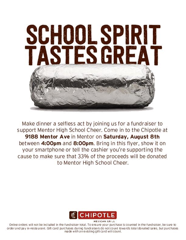 Don’t forget to come out and support your Mentor High School cheerleaders tomorrow from 4-8pm @ Chipotle on Mentor Ave.