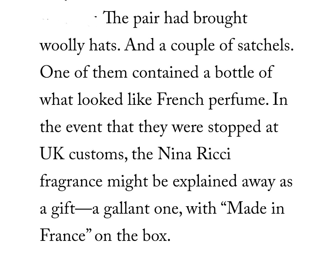 4. Harding thinks these two men, who so remarkably did not look like assassins, brought their murder weapon with them through customs. This is the bottle that was found somewhere (no-one really knows where) three months after the event, sealed in plastic and boxed as new.