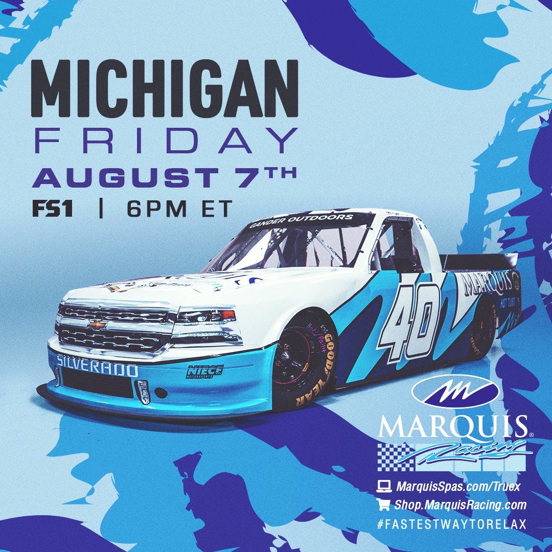 MarquisSpas's tweet photo. ⚡ TONIGHT AT 6 P.M. (ET) ⚡ Don't miss @Ryan_Truex racing the Marquis No. 40 Silverado at @MISpeedway!
📺 Live on @FS1!
https://t.co/XRNH04W0YZ
https://t.co/8a1GqFXhgc
https://t.co/M6R8ekCciE
#GoRyanGo #Michigan200 #NGROTS #FastestWayToRelax #GoRyan #NieceMotorsports https://t.co/bh5Sh4oQxl