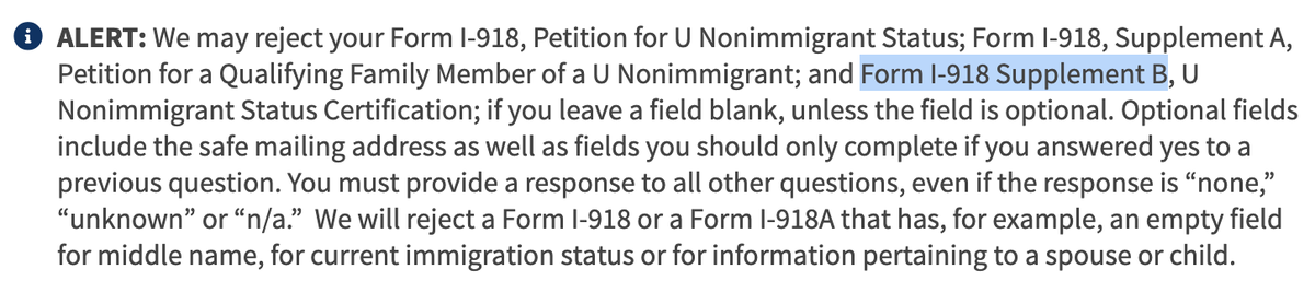 In June, USCIS posted alert saying no-blanks policy would apply to the crime victim (U) visa "Supplement B" form. This is form law enforcement fill out & sign certifying that immigrant is assisting w/ investigation/prosecution. Immigrants/their attorneys have no control over it