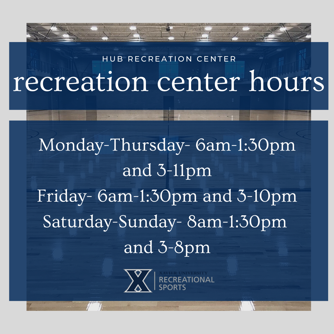 XavierRecSports's tweet photo. RECREATION CENTER HOURS
Here's our new hours for the fall semester! Take note: we will be closed from 1:30-3pm daily for additional cleaning. #ReturntotheRec #BuildingHealthyMuskies https://t.co/HNSPIvUqXv