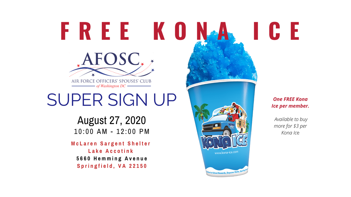 AFOSCofDC's tweet photo. Drop-in and Sign Up! Enjoy one free Kona Ice per member. Choose from a variety of flavors. Don't miss this event!

August 27th
10:00 AM - 12:00 PM
Lake Accotink - McLaren Sargent Shelter
5660 Hemming Avenue
Springfield, VA 22150

 Additional Kona Ice available for $3 a cup. https://t.co/XoOMdUctOS