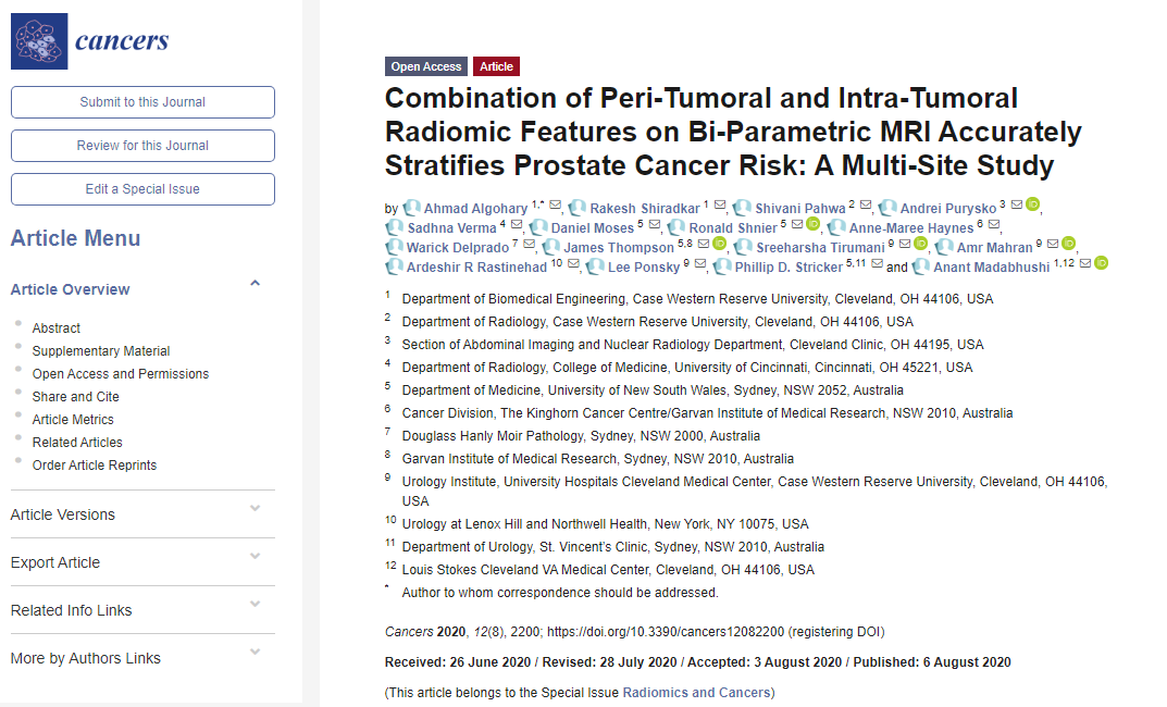Thrilled to report new @CCIPD_Case paper led by <a href="/ahmad_algohary/">Ahmad Algohary</a> "Combination of Peri-Tumoral  Intra-Tumoral Radiomic Features on Bi-Parametric MRI Accurately Stratifies #ProstateCancer Risk: A Multi-Site Study" ##mdpicancers <a href="/Cancers_MDPI/">Cancers MDPI</a>. Multi-site, International collaboration.