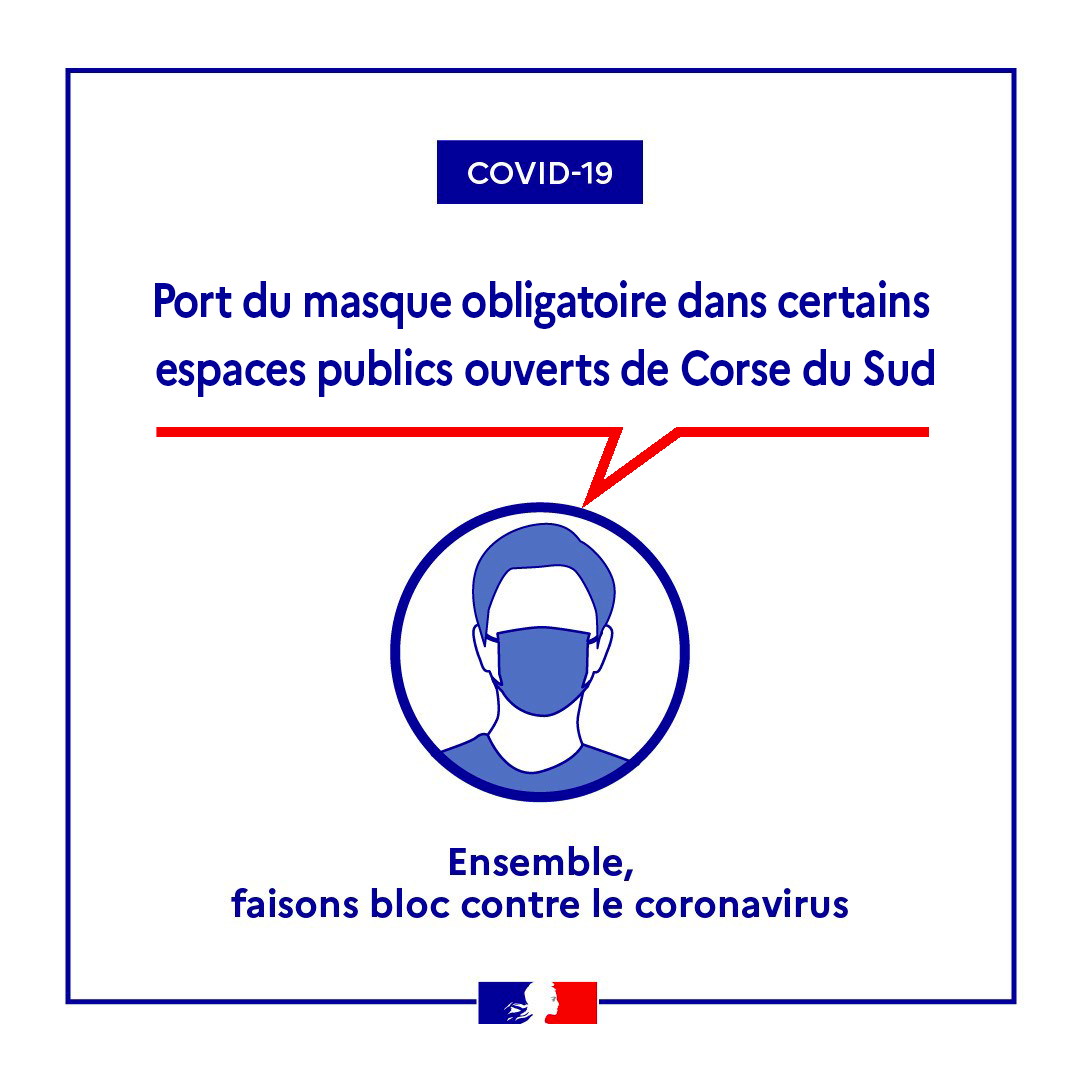 Prefet2A's tweet photo. #COVID19  Le port du masque sera obligatoire pour les plus de 11 ans, à partir du samedi 8 août et jusqu’à la fin août, dans certains espaces publics de #Corse du Sud caractérisés par une forte concentration de population
+ d'infos ➡️ https://t.co/cYWI8wXzuH https://t.co/eoN93jlK46