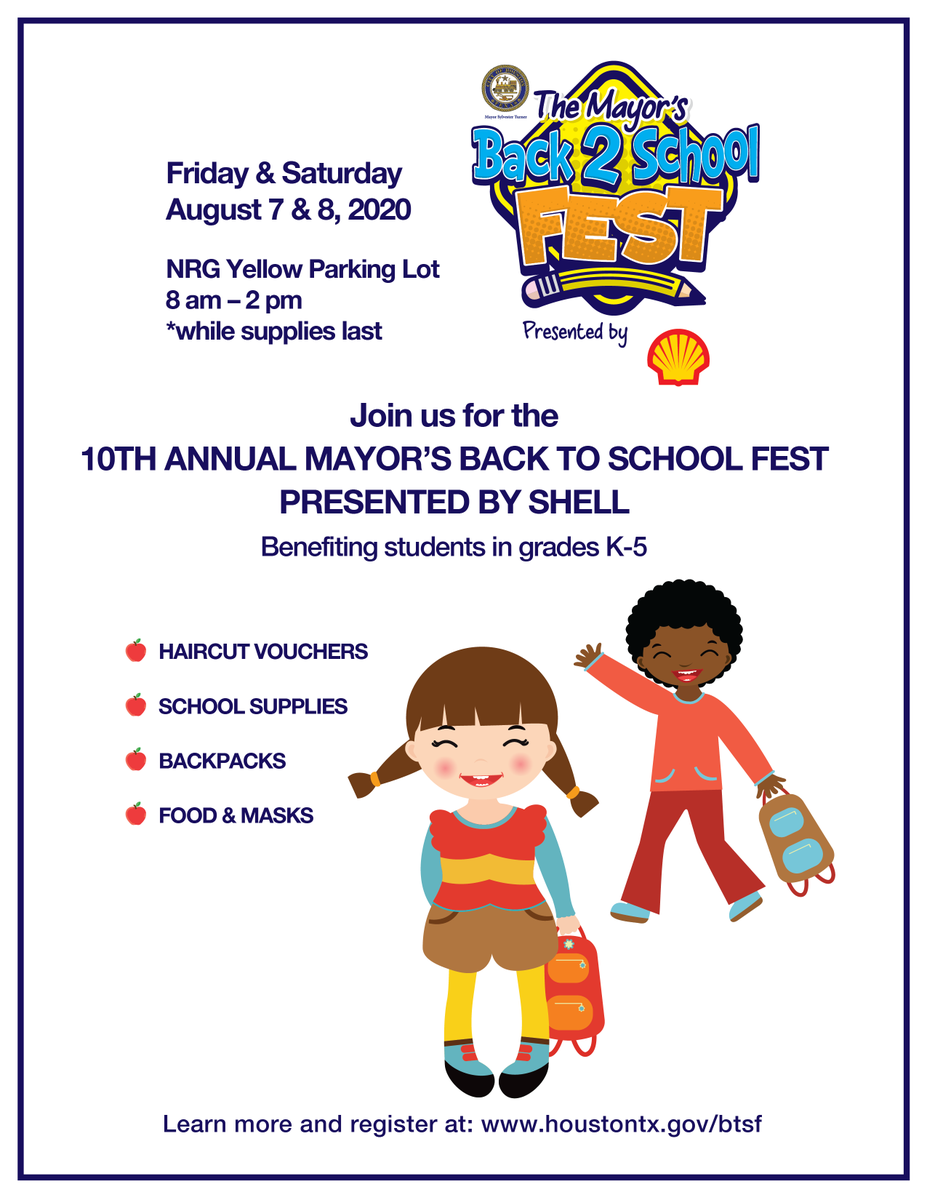 HoustonTX's tweet photo. Happening today &amp; tomorrow! Register for the Mayor's Back 2 School Fest online at https://t.co/TwMQTJoP4K and then drive through to pick up!📝📒✂️📏😷💇‍♀️🎒 #Back2School #BackToSchool #SchoolSupplies #MaskUpHou https://t.co/BJkVc0tQUR