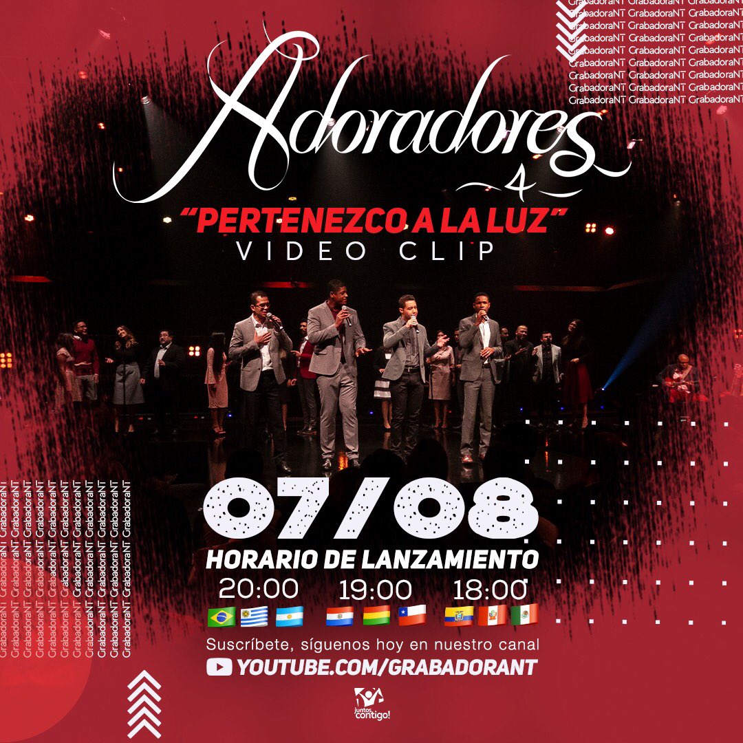 🆕Cada semana estrenaremos un #videoclip de #Adoradores4 🎶

¡Hoy llega #pertenezcoalaluz Imperdible! 🎬😍🎧Exclusivamente por el canal de #YOUTUBE #GrabadoraNT! 🤳
☑️ Ingresa a este link ▶️ youtube.com/grabadorant
🗓#Estreno 07/08 a las 🇵🇾 19:00.
Suscríbete!📲