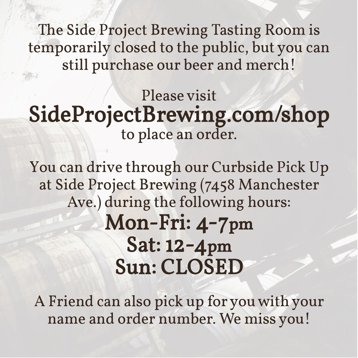 SideProjectBrew's tweet photo. Update for August 7, 2020: Our @sideprojectbrew Tasting Room is still temporarily closed to the public, but our beer &amp; merch is still available: https://t.co/OMocM5XwwE We miss everyone! Thank you! https://t.co/AJb4zBJdEm