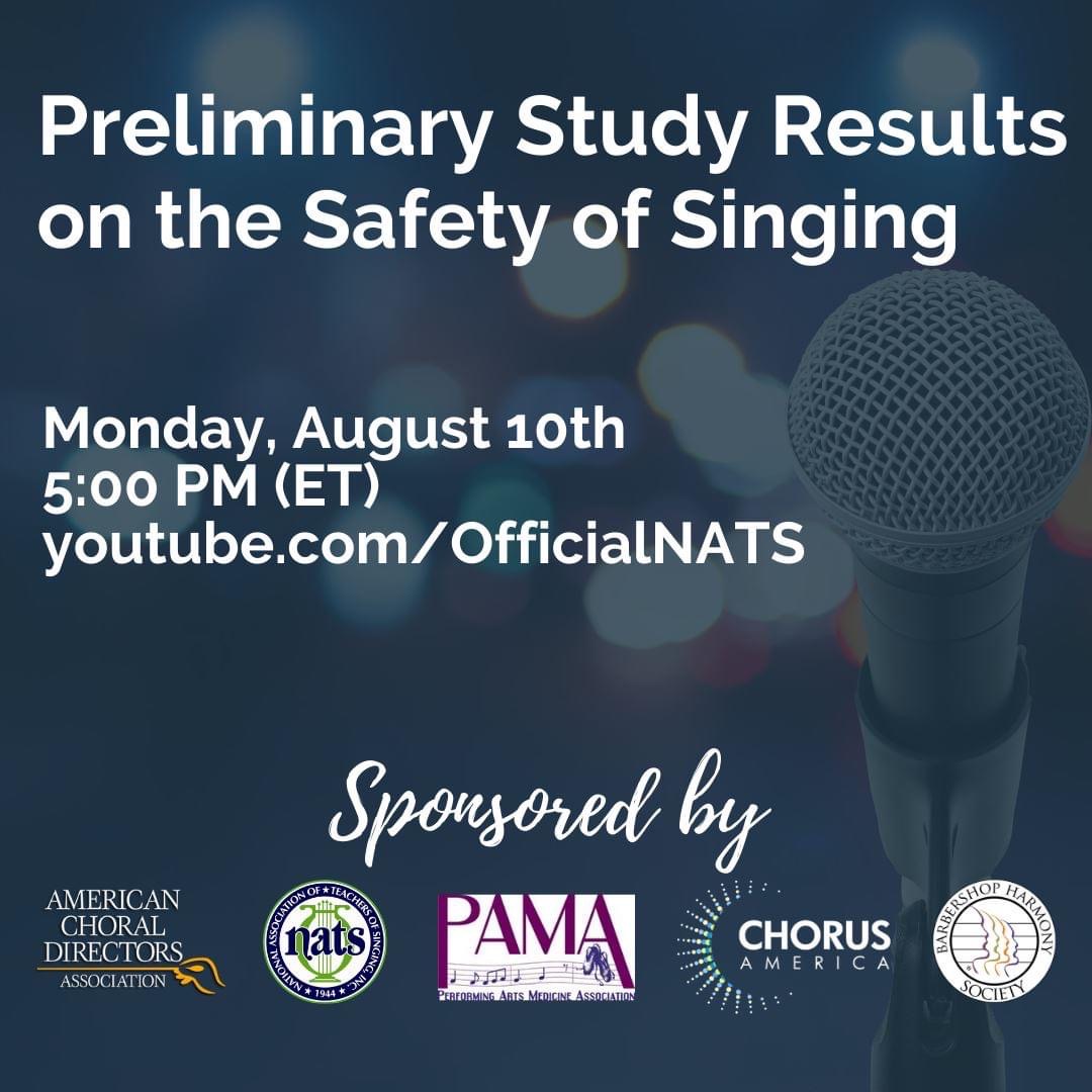 ACDANational's tweet photo. Mark your calendar! 
A webinar on the preliminary study results on the safety of singing from University of Colorado Boulder and University of Maryland will be Monday, Aug. 10. 5 pm ET, 4 pm CT, 3 pm MT, 2 pm PT
No registration necessary. Watch live on https://t.co/KMCyy4dS18 https://t.co/LDEWcFzcra