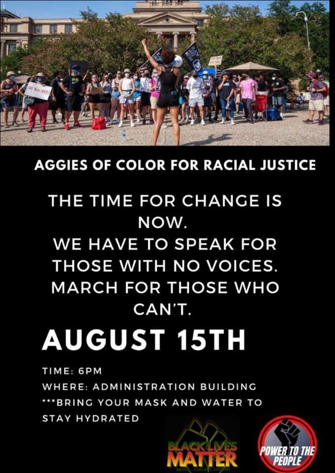 AfstTamu's tweet photo. An Aggies of Color for Racial Justice protest will be held on August 15 at 6 PM. See image below for details. https://t.co/LcAFUl9agY