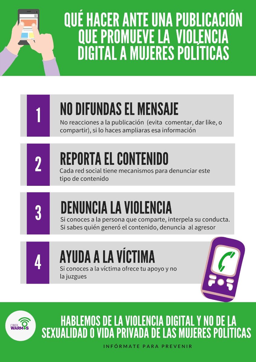 CiberWarmis's tweet photo. ¿Qué hacer ante una publicación que promueve la  violencia digital a mujeres políticas? 
•No difundas el mensaje
•Reporta el contenido
•Denuncia la violencia
•Ayuda a la víctima
#ViolenciaDigital #CiberFeminismo #CiberWarmis #WarmiActivismo https://t.co/aUZC8Sun53