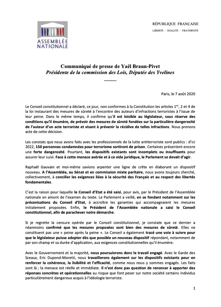 YaelBRAUNPIVET's tweet photo. #PPLTerro : pour le @Conseil_constit, ce sont bien des mesures de sûreté, non une « peine après la peine ». La voie pour renforcer le suivi des #terroristes sortant de prison est tracée. Ma détermination à agir pour protéger les Français face à cette menace reste entière ⤵️ https://t.co/NBsWkQ0w50