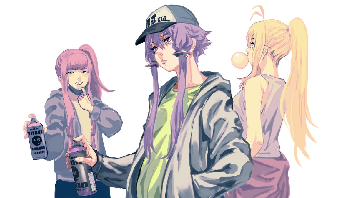 tsurumaki maki ,yuzuki yukari multiple girls bubble blowing purple hair 3girls chewing gum mouth mask hat  illustration images