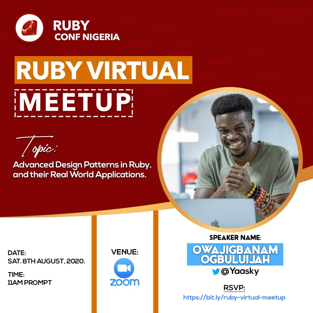 rubyconf_ng's tweet image. It&apos;s almost here, one day to go for the #Ruby Virtual #Meetup this Saturday 8th August, 2020 🥳🥳🥳

Meet @Yaasky, a senior Ruby on Rails software engineer with vast experience in  code architecture. He loves exploring new grounds in technology

RSVP here: bit.ly/ruby-virtual-m…