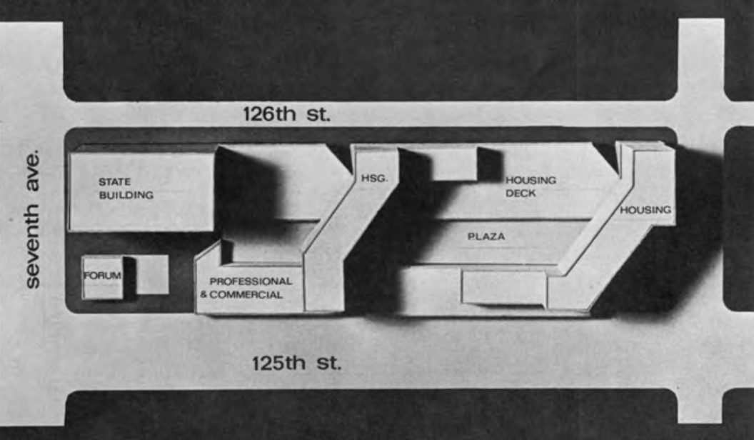 While the state got their office bldg, they started the Harlem Urban Development Corporation to develop the rest of the site w/ community participation. One outcome was a plan by Max Bond's firm, Bond Ryder, that carried fwd the idea of mixed use centered on Harlemites' needs.11/