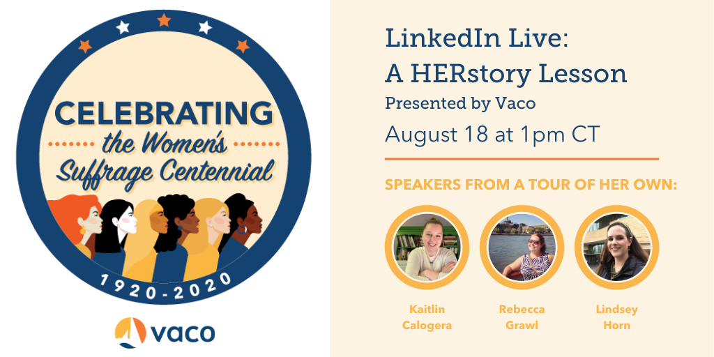 vaco_global's tweet photo. Follow Vaco to attend a LinkedIn Live with guests from @atourofherown on August 18 in celebration of the Women’s Suffrage Centennial. https://t.co/Uw6KaVm0el https://t.co/hrztsrfr05