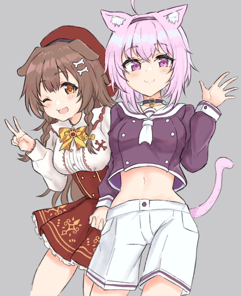 戌神ころね ,猫又おかゆ 「制服OKAKORO～!
#絵かゆ #できたてころね 」|生しらす丼のカイトのイラスト