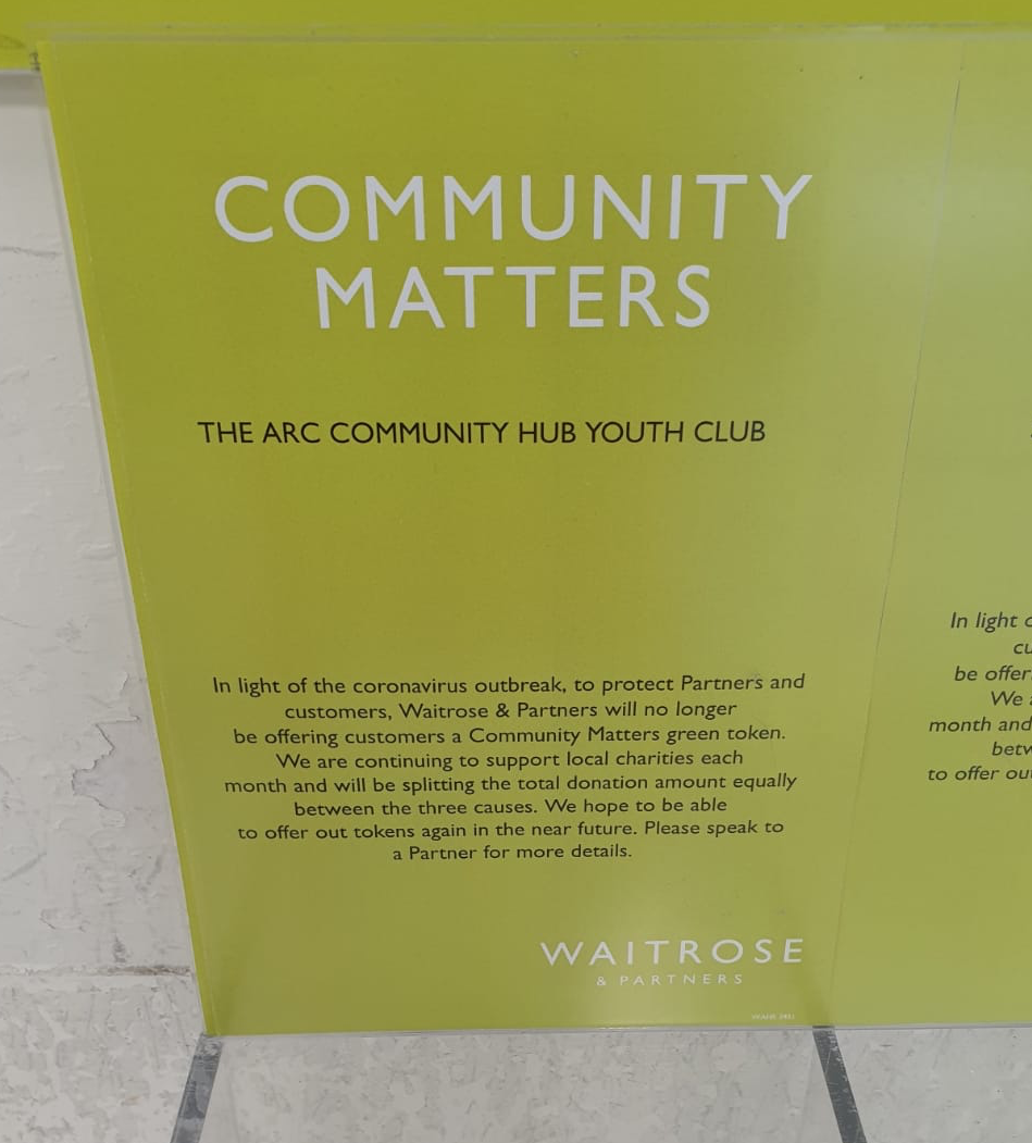 TheArcCommunit1's tweet image. A huge thank you to @waitrose for awarding the Arc Community Hub Youth Hub part of the monthly donations from their Community Matters token scheme. This will be used towards running the youth group when it re-opens in the Arc.  👏 #watchthisspace