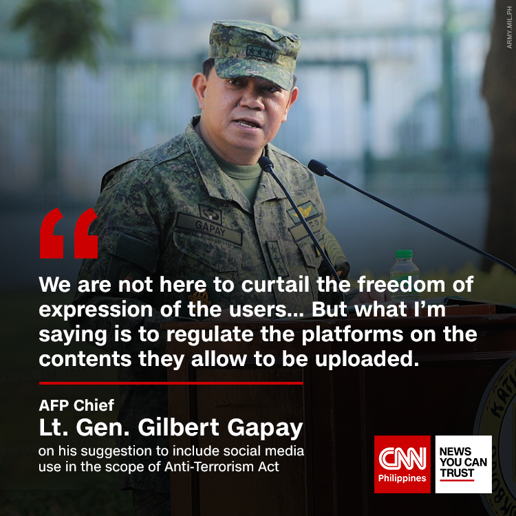 newswatchplusph's tweet photo. AFP Chief-of-Staff Lt. Gen. Gilbert Gapay clarifies that he wants to put an order on the contents allowed to be uploaded on different social media platforms and not the users. 

READ MORE: https://t.co/kLdtfYmGUC https://t.co/5KXl8voOss