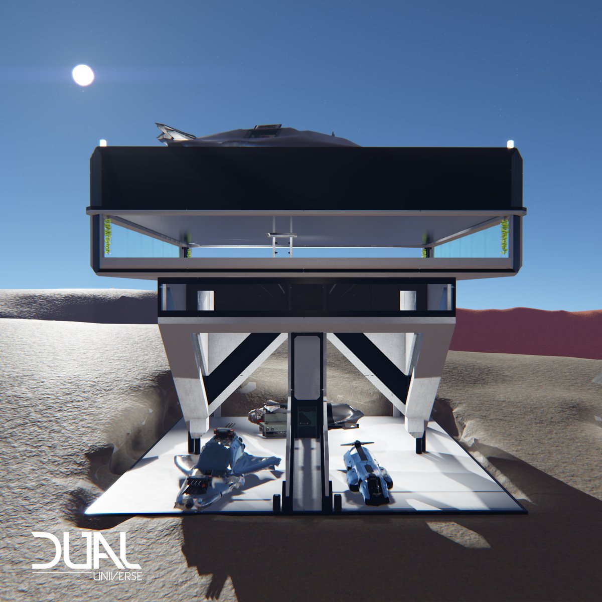 dualuniverse's tweet image. In today's community digest, we take a look at this modern and simplistic house made by NEWMidgetMAN that has just enough space to park your speeder and spaceship. Want your build to be featured? Send an email to community@novaquark.com with your build, name, and coordinates.