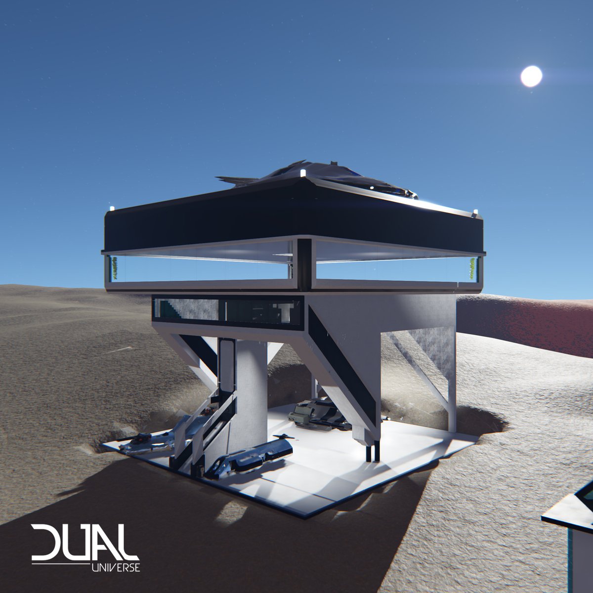 dualuniverse's tweet image. In today's community digest, we take a look at this modern and simplistic house made by NEWMidgetMAN that has just enough space to park your speeder and spaceship. Want your build to be featured? Send an email to community@novaquark.com with your build, name, and coordinates.