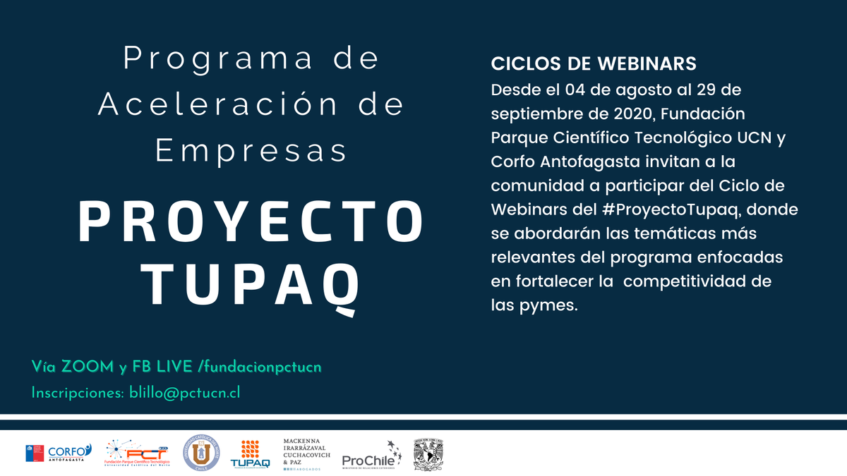 PCT_UCN's tweet image. Martes 11 de agosto un nuevo Webinar "Desafíos en el contexto del levantamiento de capital para los distintos tipos societarios" a cargo de MICP 
Una iniciativa del #ProyectoTupaq ejecutado por @PCT_UCN apoyado por @CorfoAntofa 
inscripciones docs.google.com/forms/d/1Y_pO6…
#Antofagasta