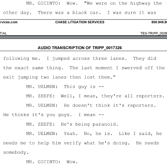 Tripp, in his paranoia, believes that Tesla is sending secret cars to run him off the road.