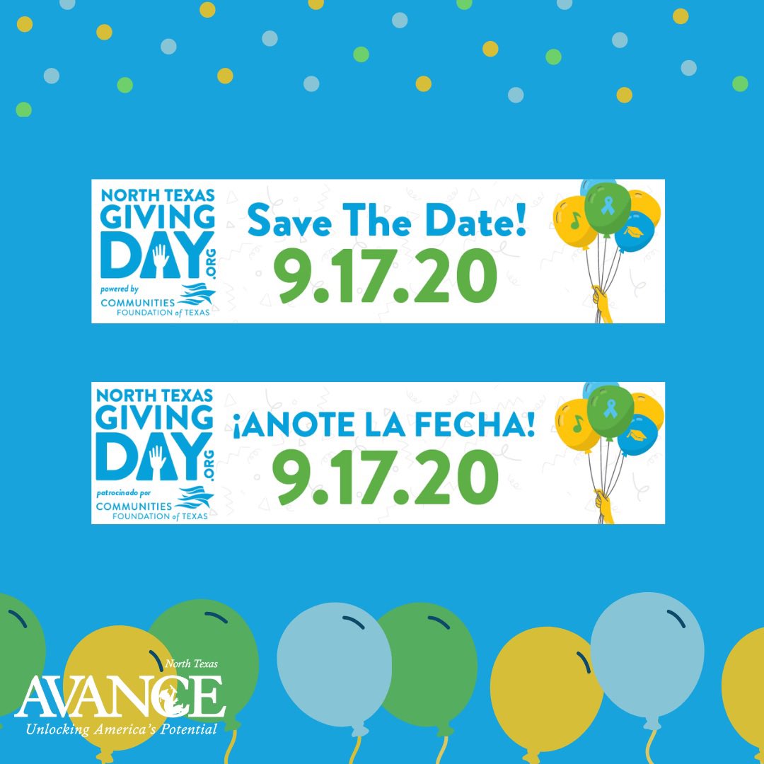 Save the date: #NTxGivingDay is on 9/17/20! NTX Giving Day is an online giving event designed to give back to the community by supporting nonprofits! All the fun happens on September 17, from 6am (CT) – midnight at NorthTexasGivingDay.org. 
Please consider supporting AVANCE!