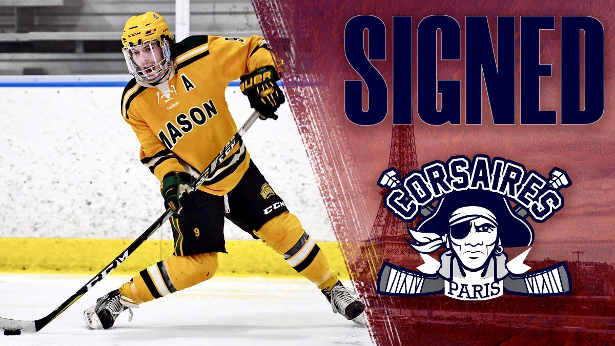 GMUIceHockey's tweet photo. 📝 Pro contracts? We sign those. 📝

Congratulations to Trevor Mack for signing with Les Corsaires de Paris (@Paris13roller)! He’ll be joining the team in Paris, France this September to play in Ligue Elite, the top roller league in France. https://t.co/djCd4aXUgO