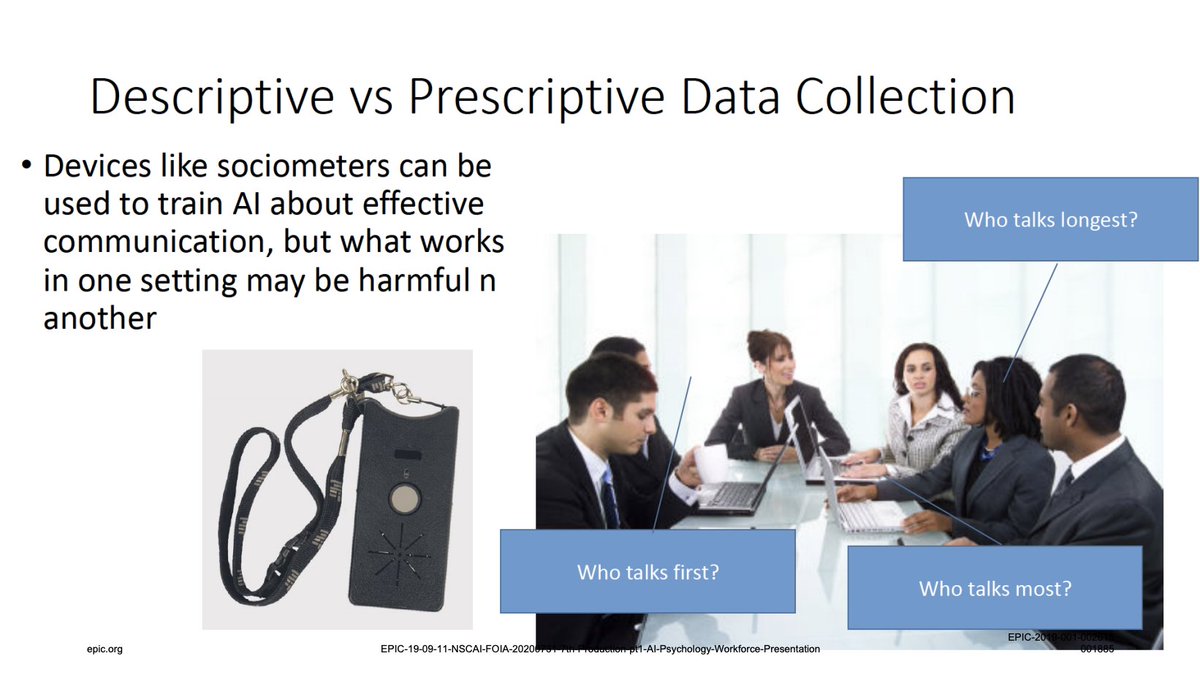 It also promotes the use of sociometers in the workplace "to train Al about effective communication." Sociometers are wearables that track "face-to-face interaction, conversational time, physical proximity to other people, and physical activity levels[.]" No thanks!