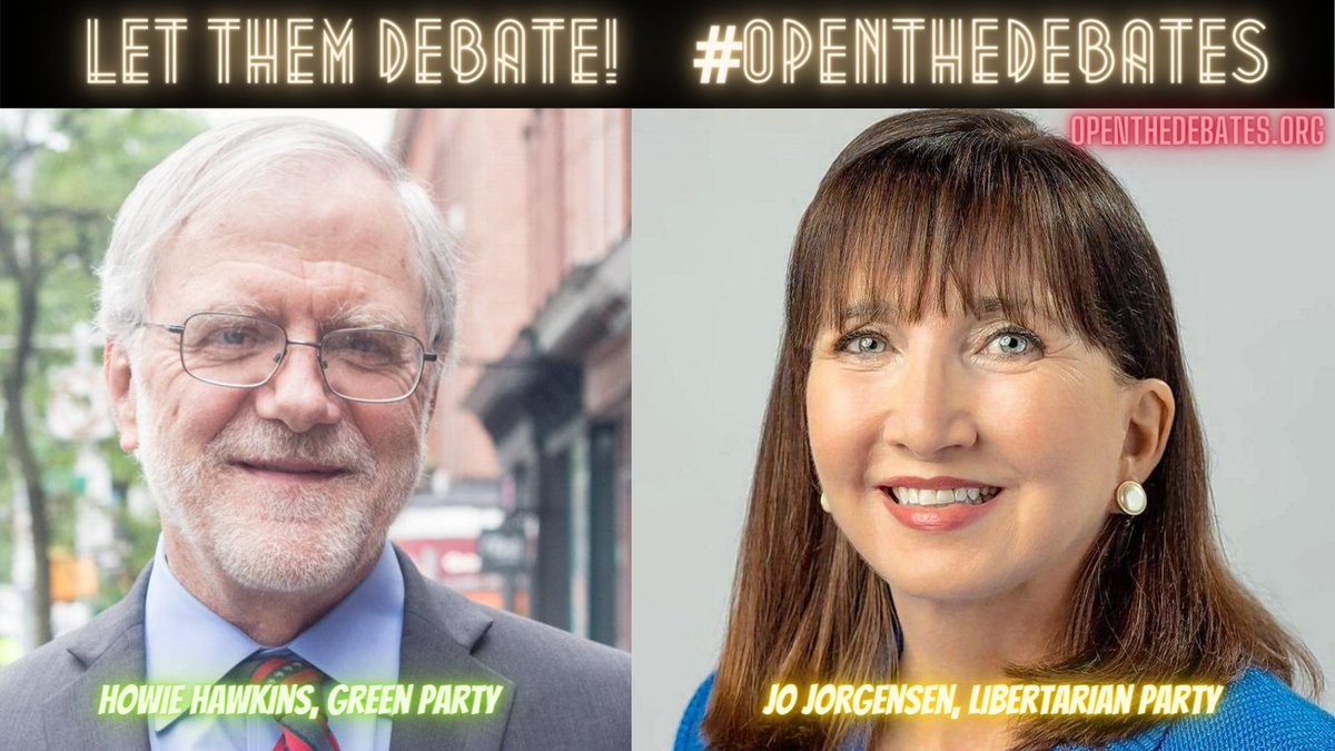 It's past time for the duopoly's Commission on Presidential Debates to #OpenTheDebates to all ballot-qualified candidates. Tell the CPD to invite the Green Party's Howie Hawkins & the Libertarian Party's Jo Jorgensen, as well as their Vice Presidential running mates to participate in this fall's debates. 

Sign the petition to #LetThemDebate & join the movement at openthedebates.org.
