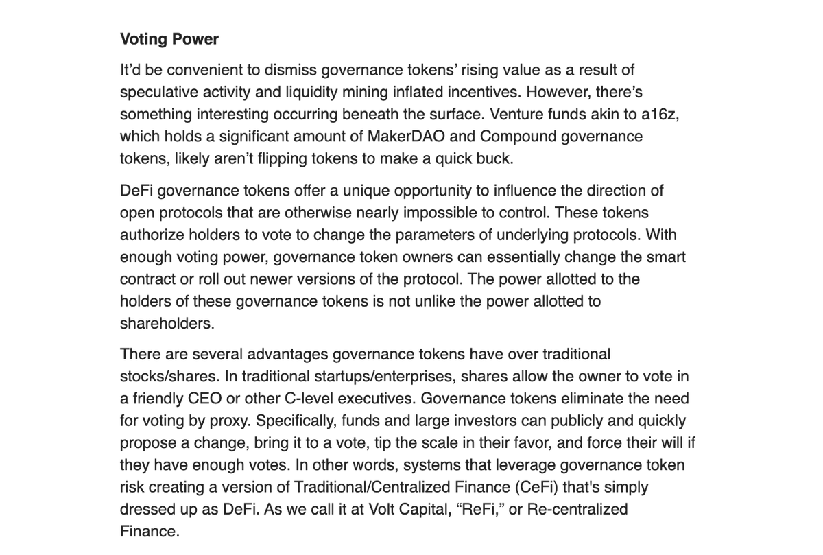 3/ Voting PowerThough it’d be convenient to dismiss governance tokens’ rising value as speculative, something interesting is occurring beneath the surface.Venture funds akin to a16z, which holds  $MKR &  $COMP, likely aren’t flipping tokens for a quick buck.