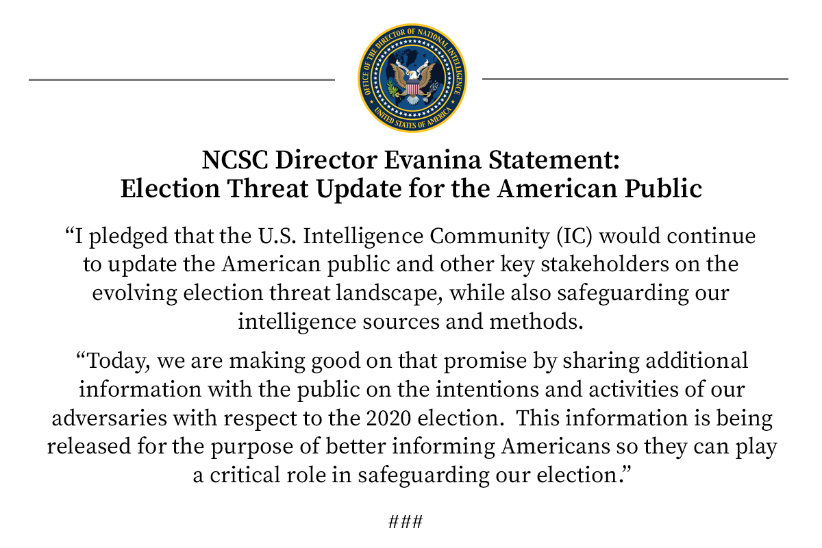 Re today's  @NCSCgov statement, I always want to be deferential to those with access to classified information. But with DNI John Ratcliffe in charge of the enterprise, I'm challenged not to be skeptical. Today's statement certainly doesn't leave me feeling reassured.